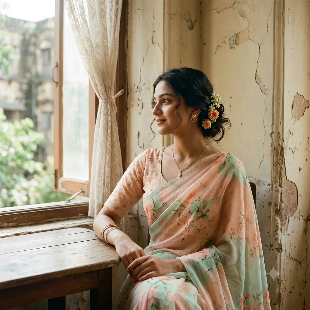 Soft vintage portrait of a person in a pastel saree seated by a window with aged walls