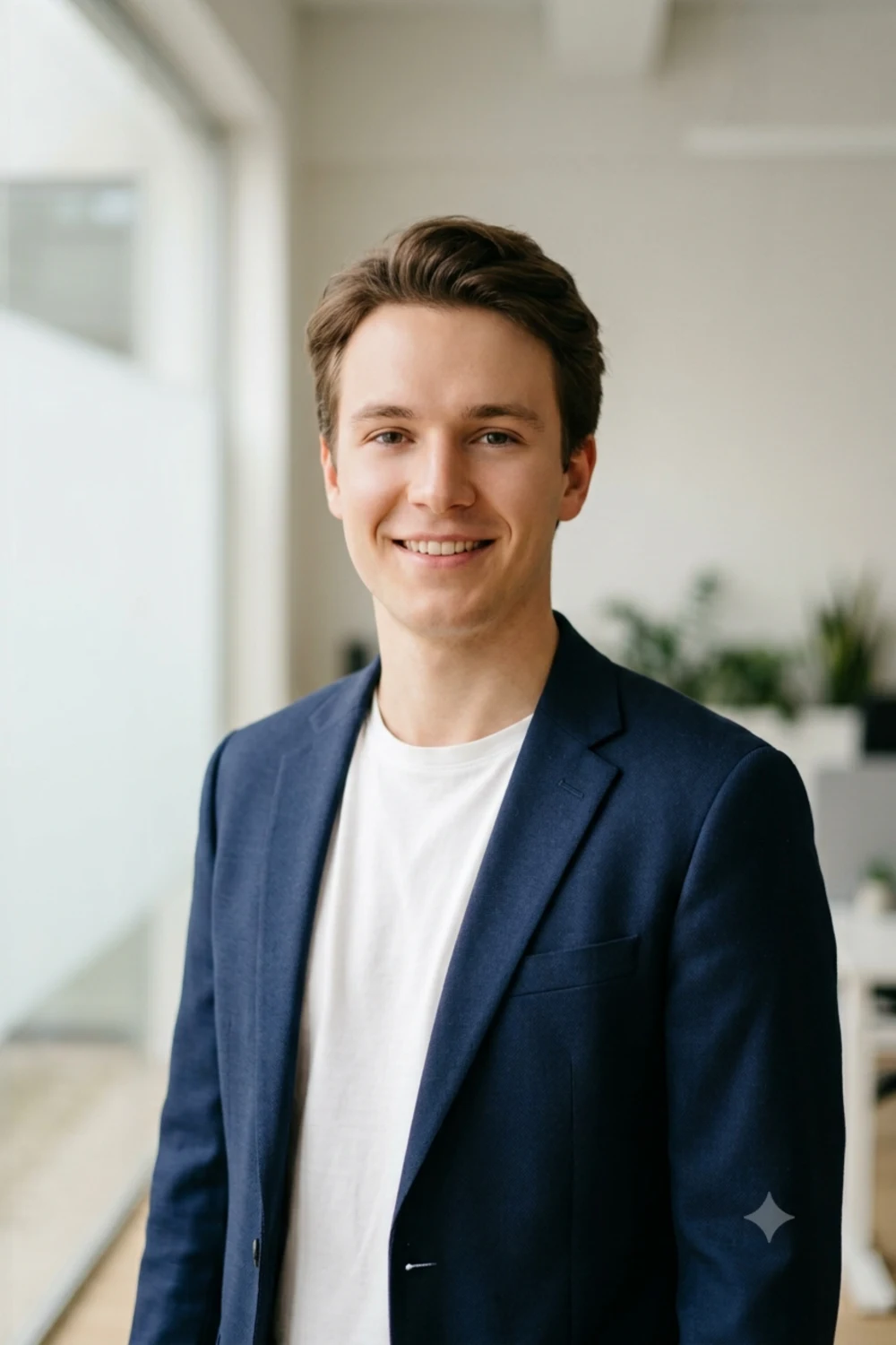 Business-casual portrait of a person in an open navy blazer with no tie in a bright office