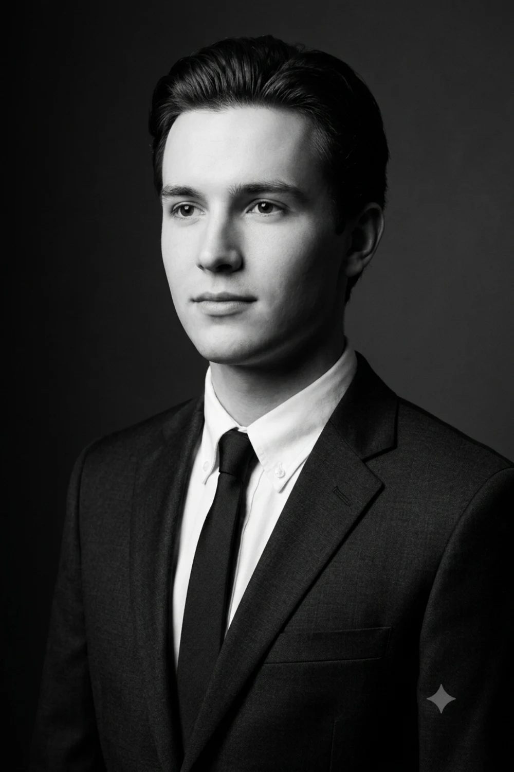 Timeless black-and-white head-and-shoulders portrait of a person in a dark suit