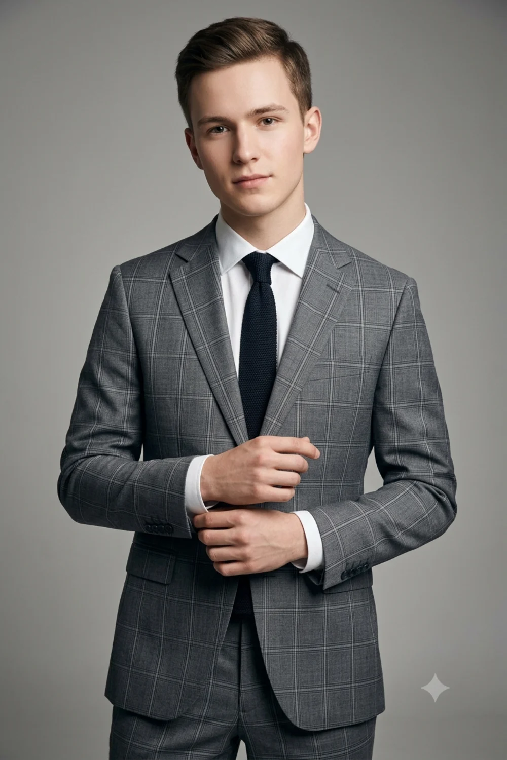 Editorial portrait of a person in a grey windowpane-check suit against a neutral studio backdrop