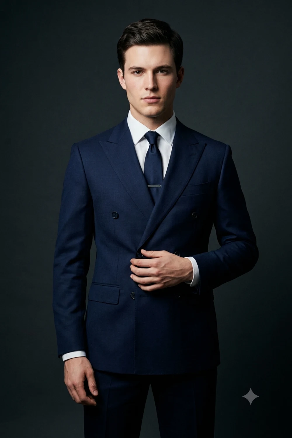 Studio portrait of a person in a deep navy double-breasted suit against a dark backdrop