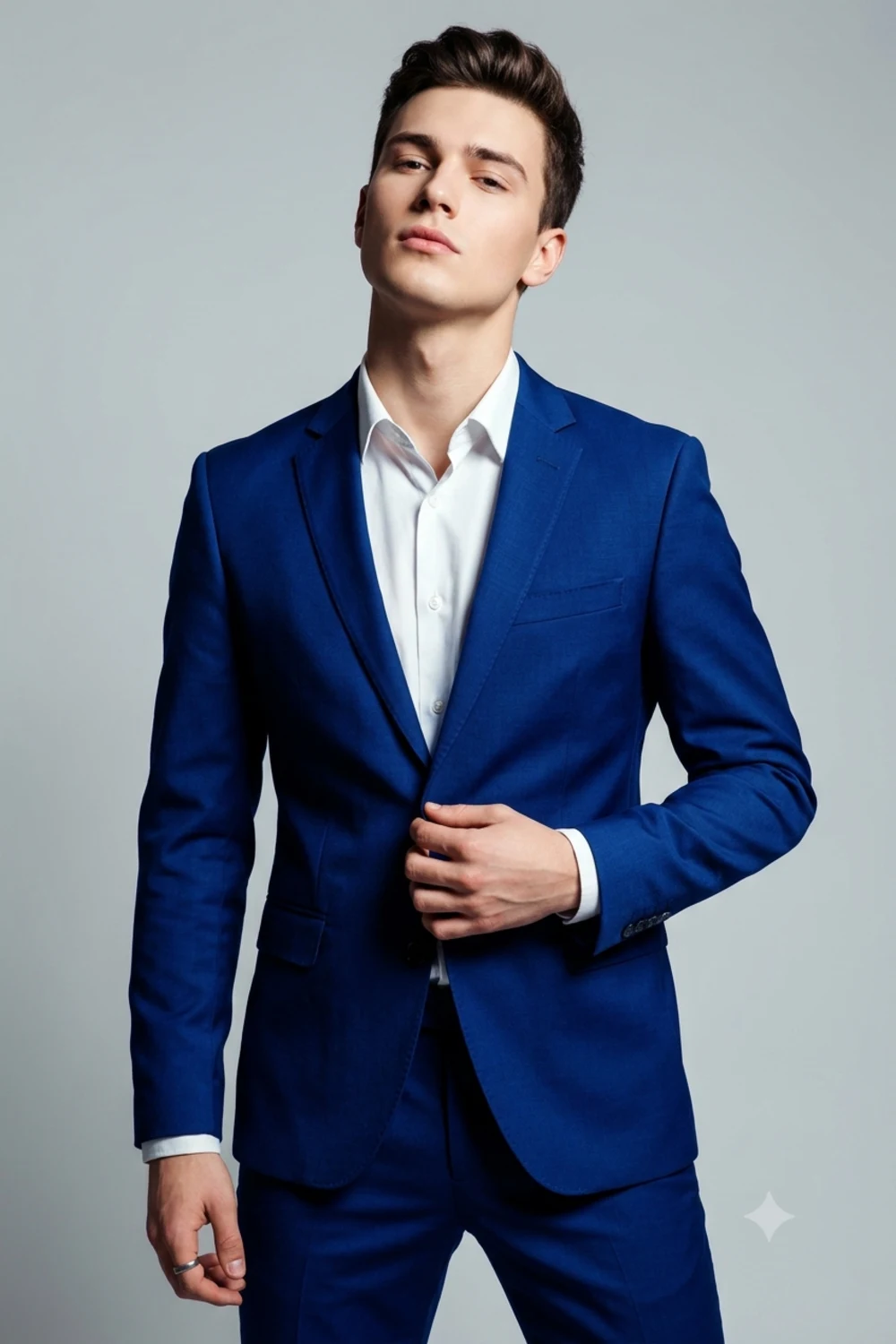 High-fashion magazine cover portrait of a person in a bold burgundy suit under studio light