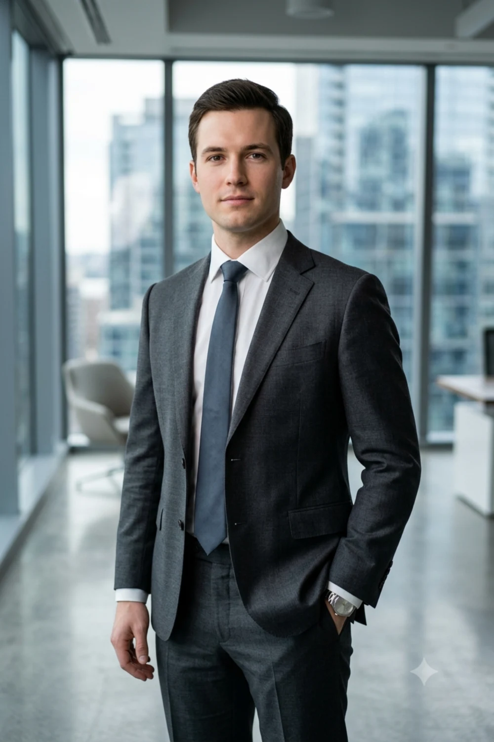 Executive portrait of a person in a charcoal suit in a modern glass office with a blurred city skyline