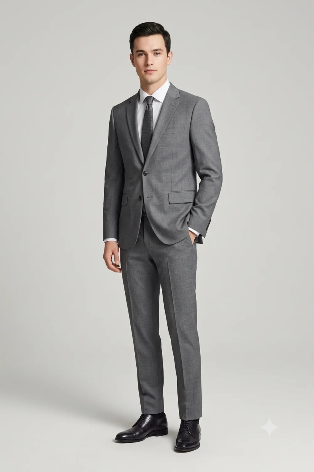 Full-length studio portrait of a person in a mid-grey suit shown head to toe