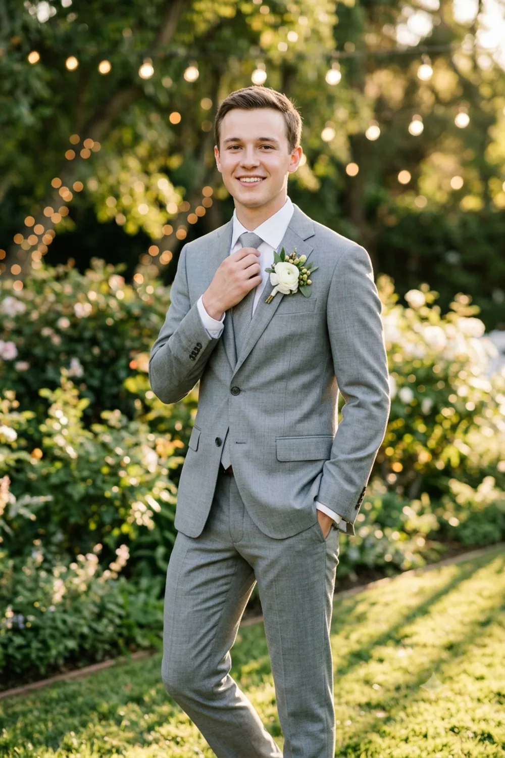 Warm wedding-day portrait of a groom in a light grey suit with a boutonniere at golden hour
