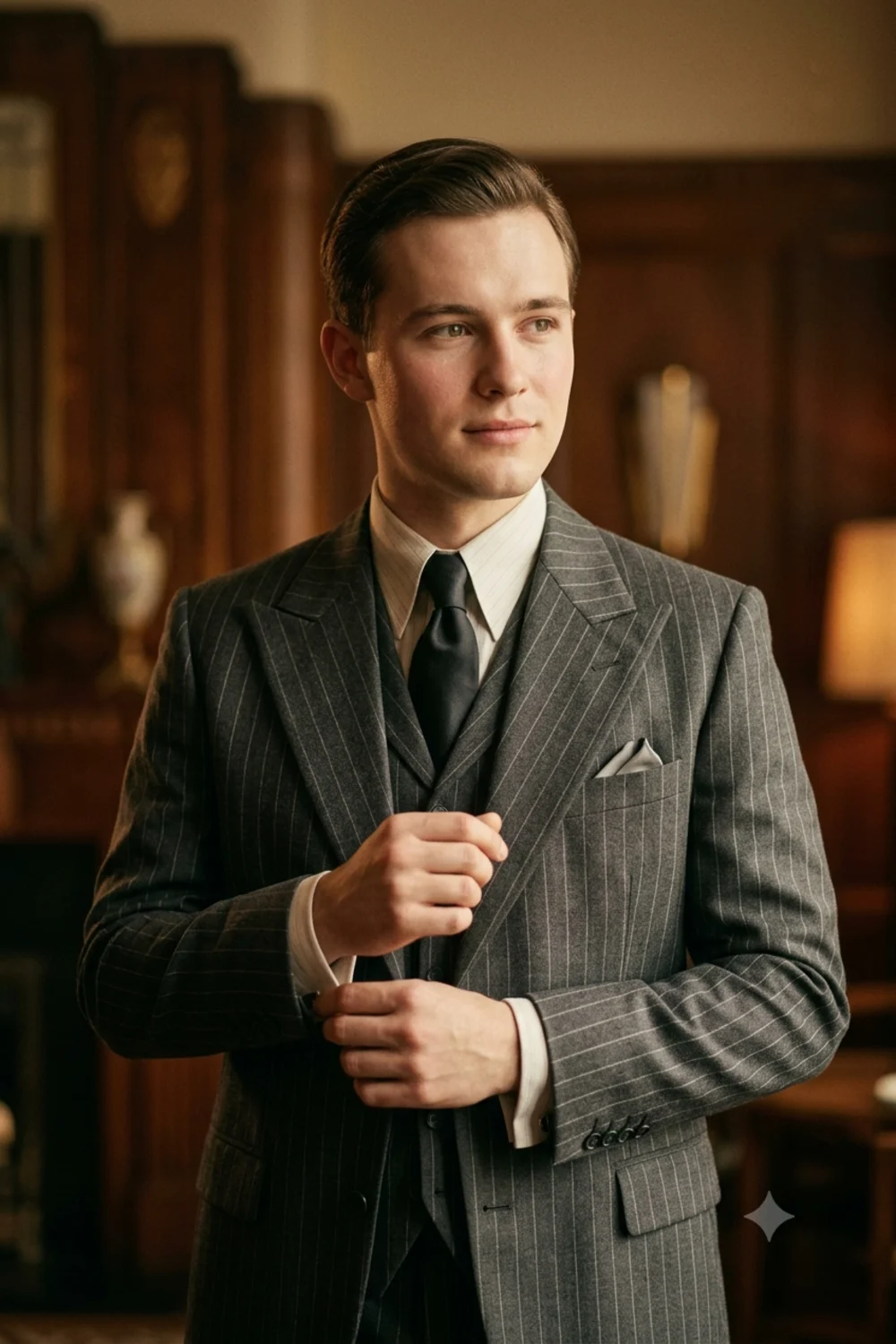 Vintage 1920s style portrait of a person in a charcoal pinstripe suit with a waistcoat