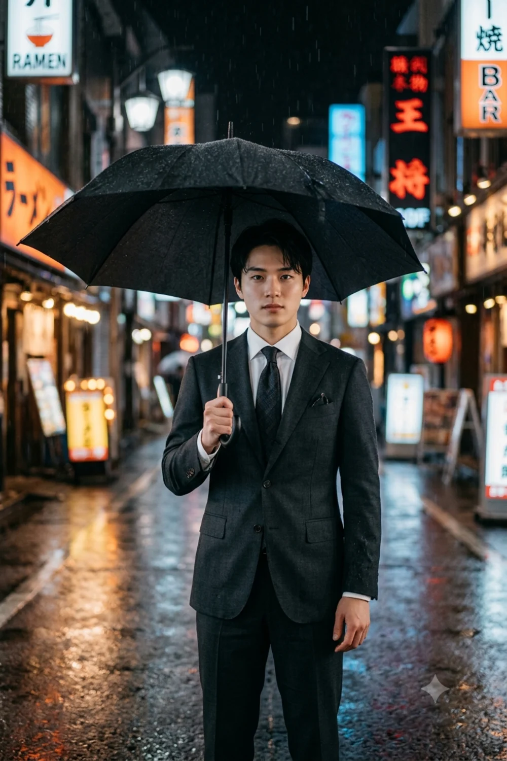 Moody cinematic portrait of a person in a charcoal suit holding an umbrella on a rainy neon-lit street
