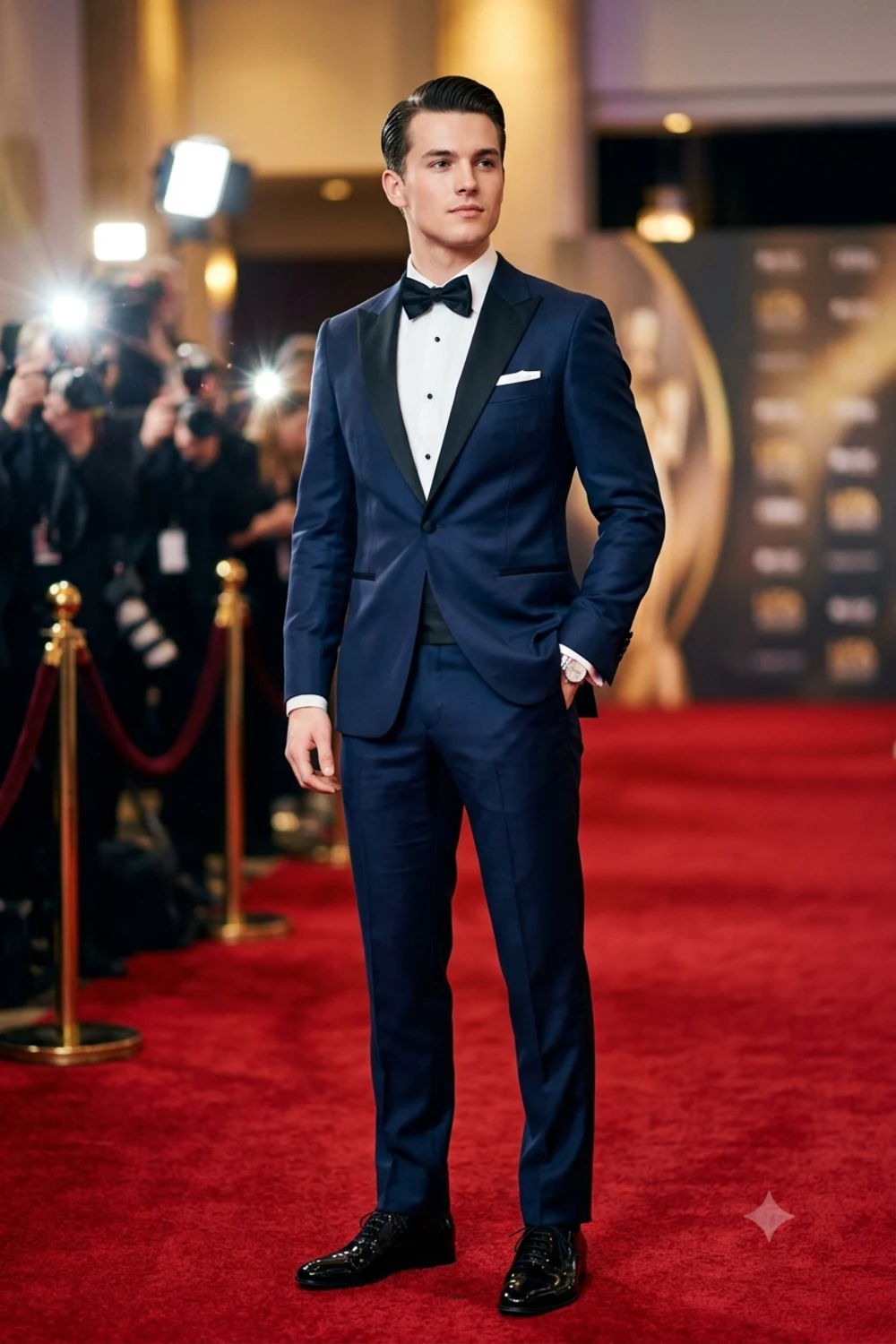 Glamorous red-carpet portrait of a person in a midnight blue tuxedo under event lights