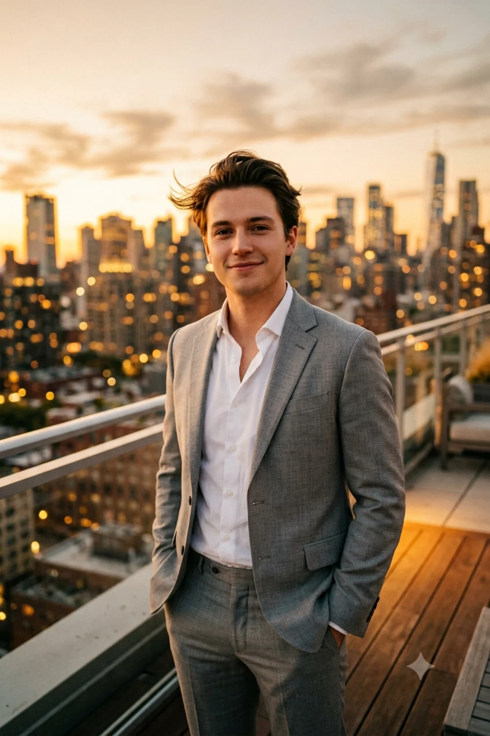 Golden-hour rooftop portrait of a person in a light grey suit against a glowing city skyline