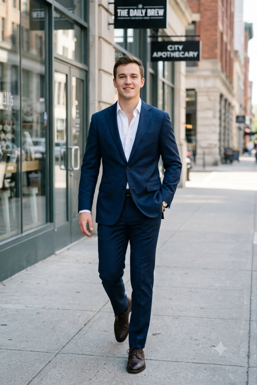 Street-style photo of a person in a navy suit walking on a city sidewalk