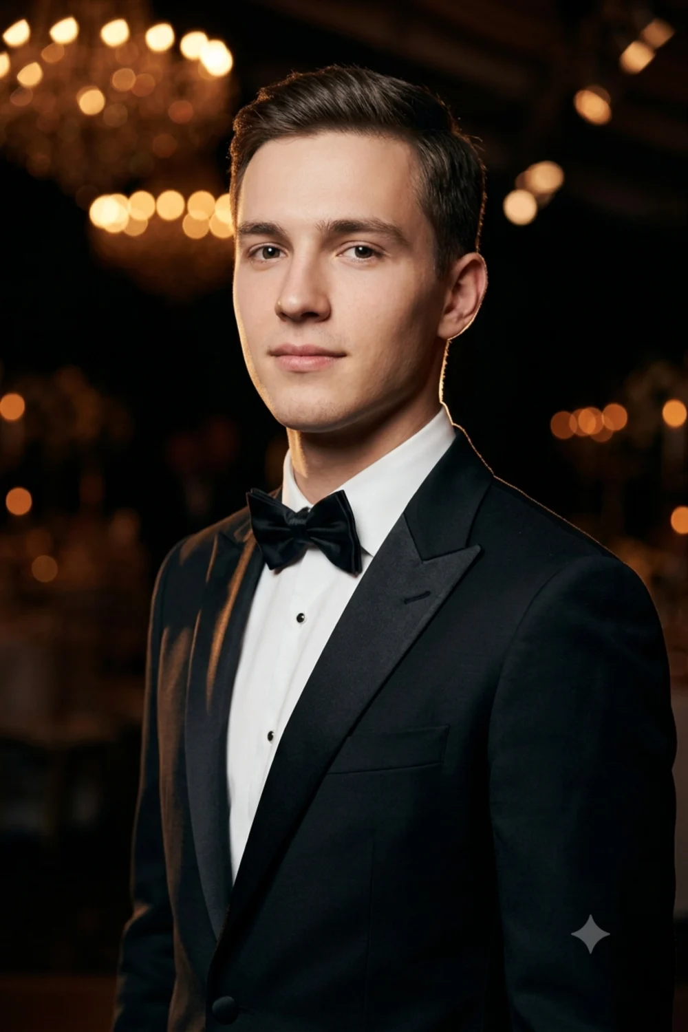 Portrait of a person in a black tuxedo with a bow tie under warm cinematic light at an event