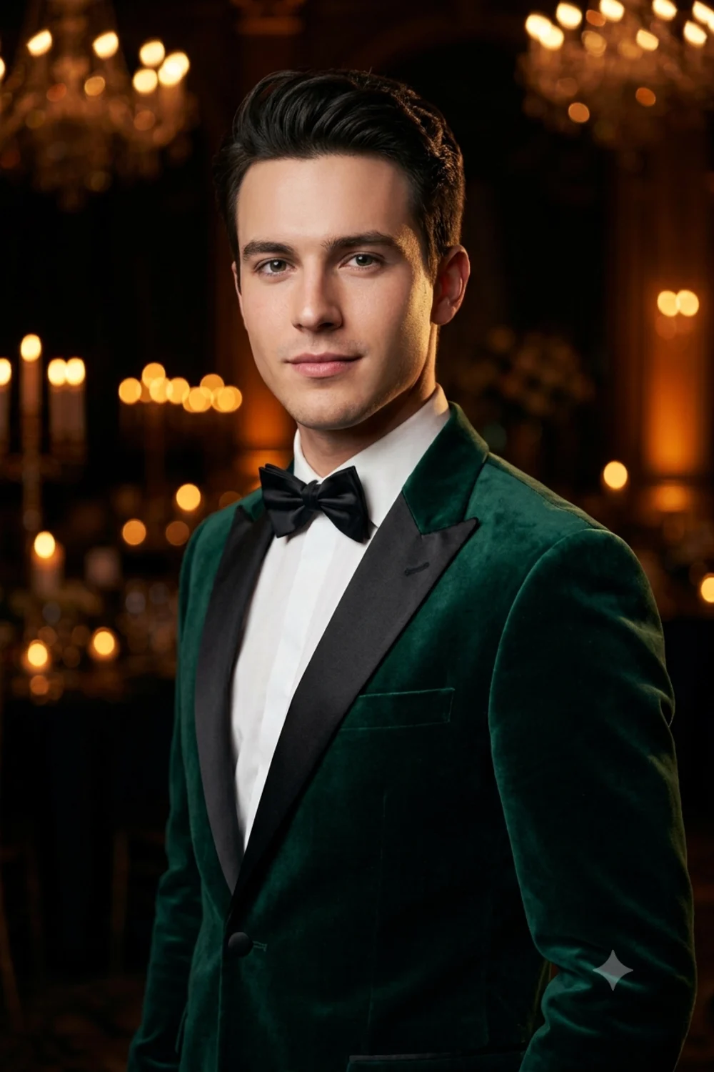 Elegant evening portrait of a person in a deep emerald velvet dinner jacket with a bow tie