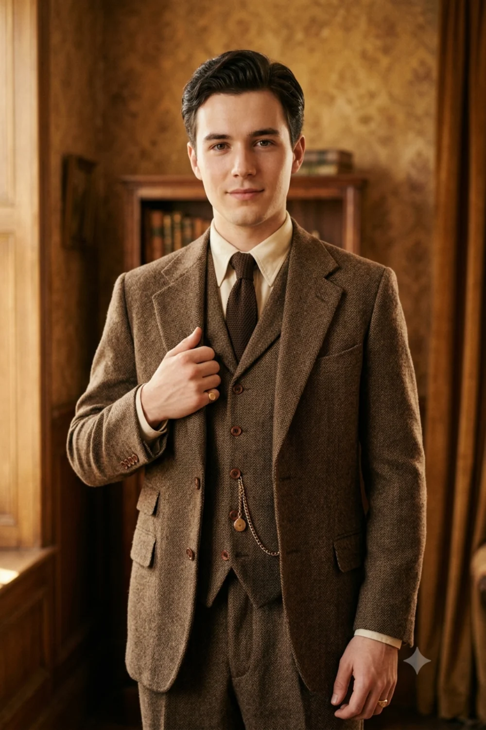 Retro portrait of a person in a brown tweed three-piece suit with a waistcoat and golden lighting