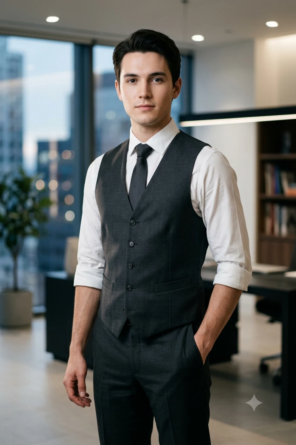 Portrait of a person in a fitted charcoal waistcoat and tie with rolled-up shirt sleeves