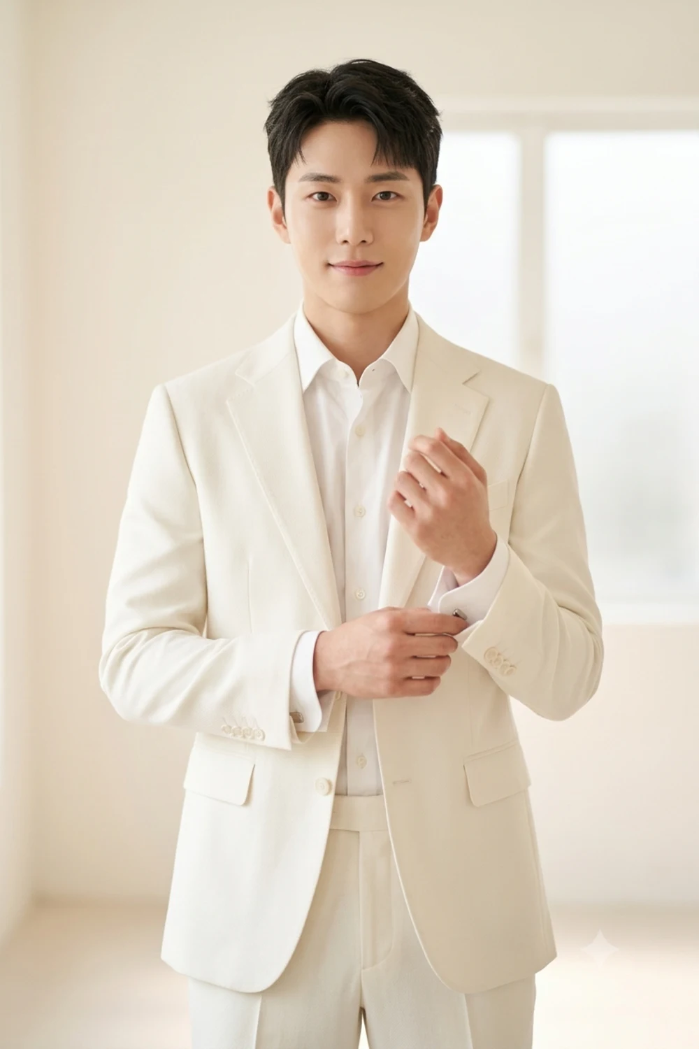 Bright elegant portrait of a person in a crisp ivory white suit against an airy pale backdrop