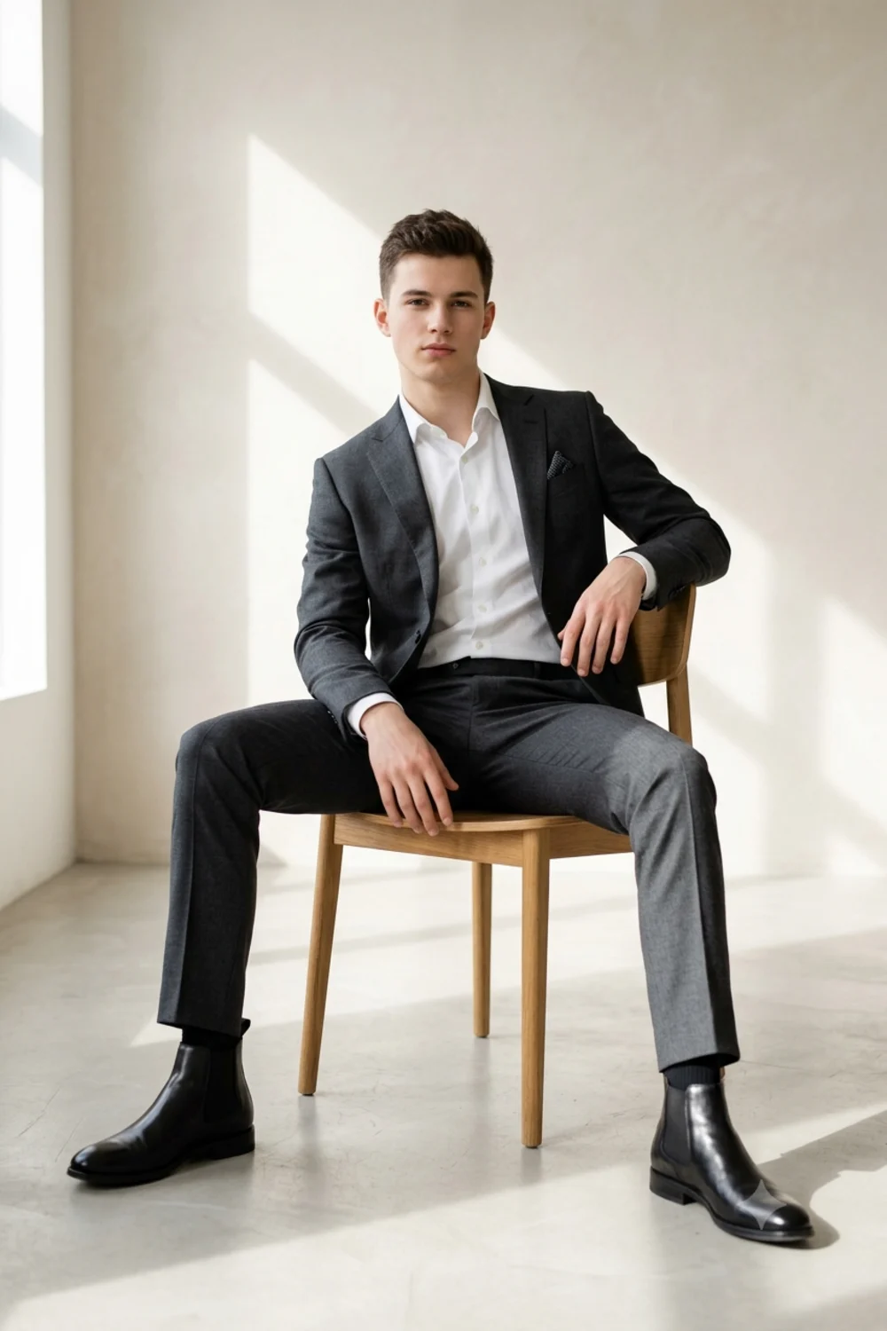 Full-length editorial portrait of a person in a charcoal suit seated in a relaxed open pose on a wooden chair