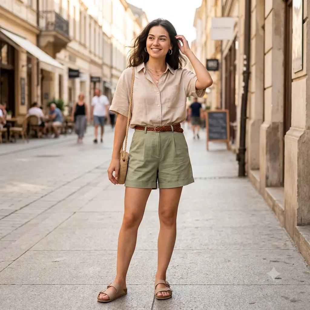 Person restyled in light city summer casual daywear on a sunny street