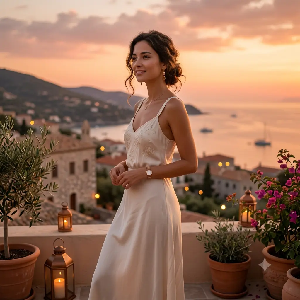 Person restyled in an elegant summer evening outfit at golden hour