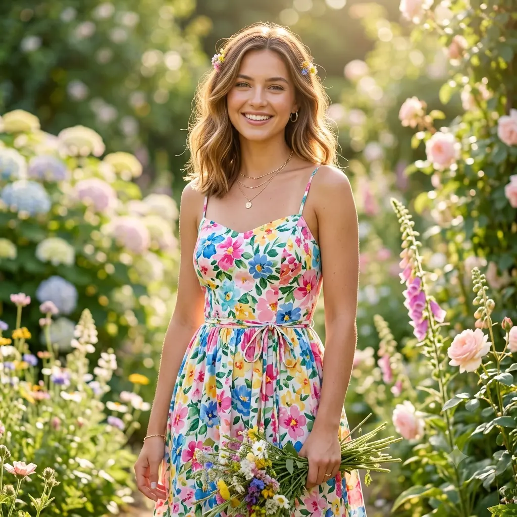 Person restyled in a bright floral summer dress in a lush sunny garden