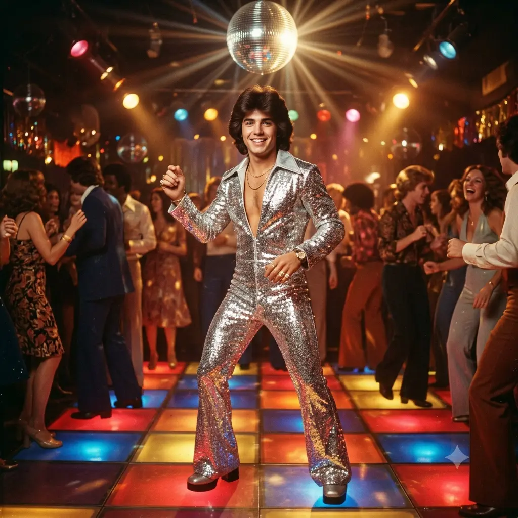 1970s disco portrait with feathered hair under a mirror ball, warm film tones