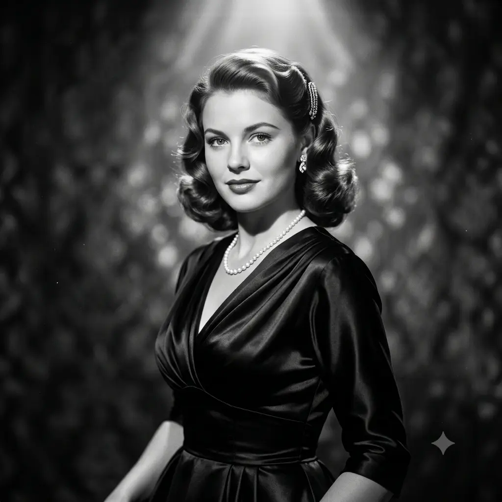 Old Hollywood 1940s black-and-white glamour portrait with dramatic lighting
