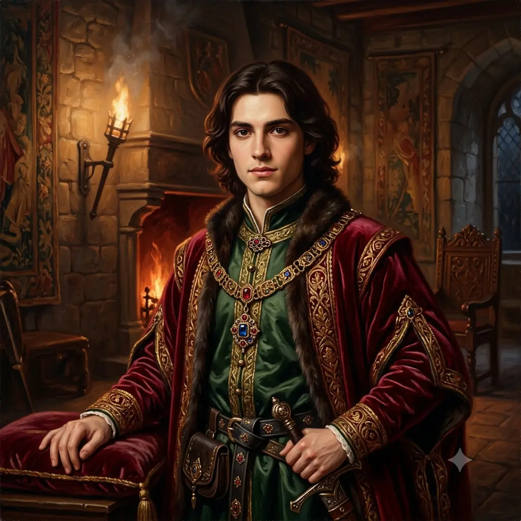 Medieval-era portrait in ornate robes or armor in a torchlit castle hall