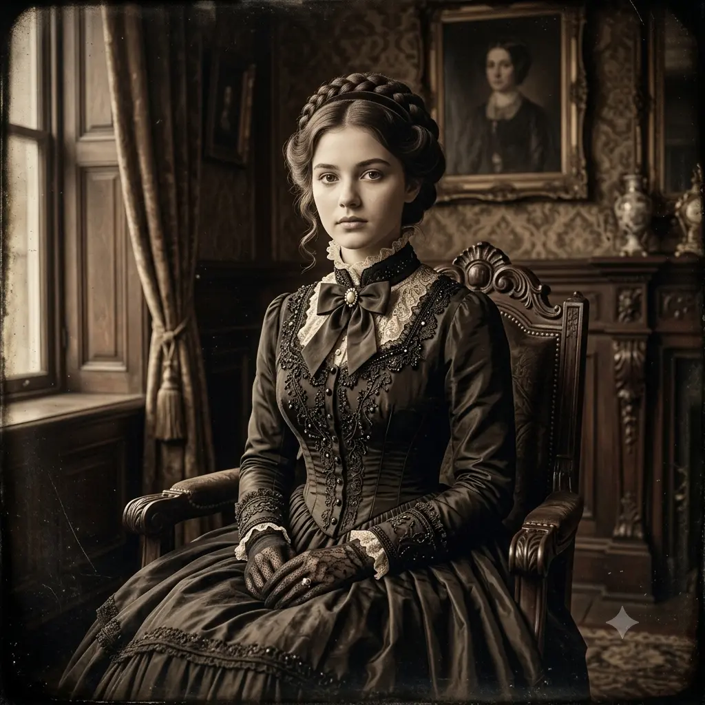 Formal Victorian-era portrait in 1800s clothing with muted sepia tones