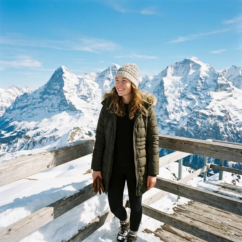 A candid travel photo of a person at a snowy Swiss Alps viewpoint with dramatic peaks