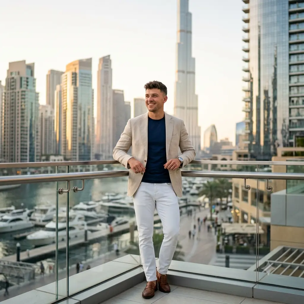 A candid travel photo of a person with Dubai's futuristic skyline and skyscrapers behind them