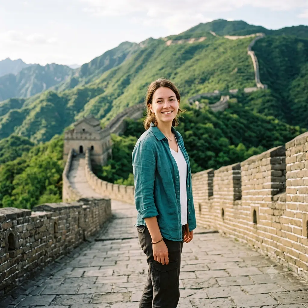 A candid travel photo of a person on the Great Wall of China winding over green mountains
