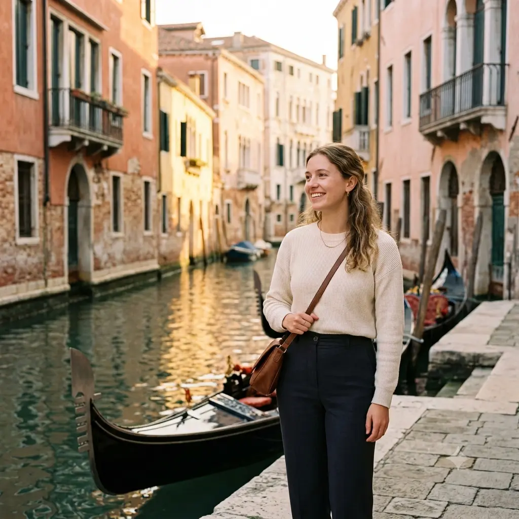 A candid travel photo of a person beside a Venice canal lined with pastel buildings and gondolas
