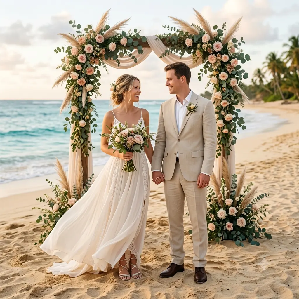 A romantic beach destination wedding of a couple under a floral arch by the sea