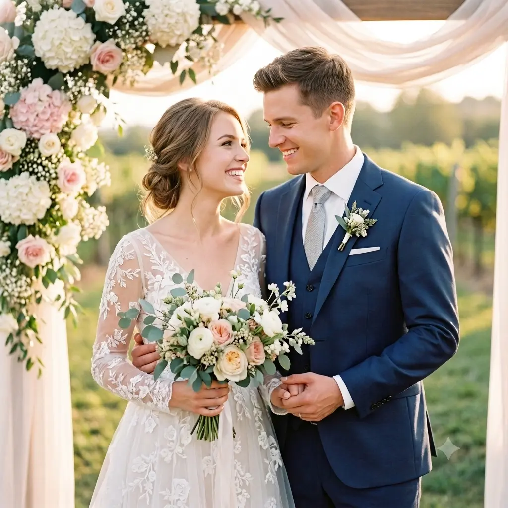 A classic elegant wedding portrait of a couple in a gown and suit at a ceremony