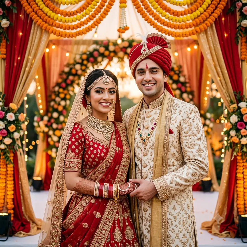 A vibrant traditional Indian wedding of a couple in lehenga and sherwani at a mandap