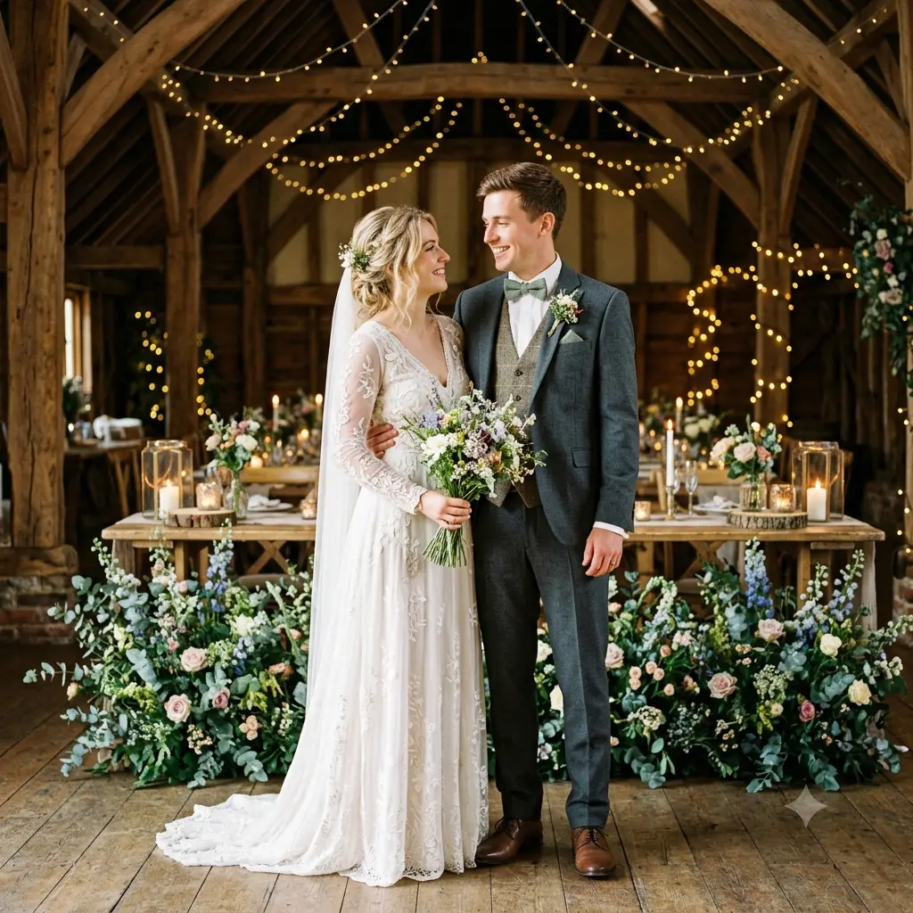 A warm rustic barn wedding of a couple among string lights and wildflowers