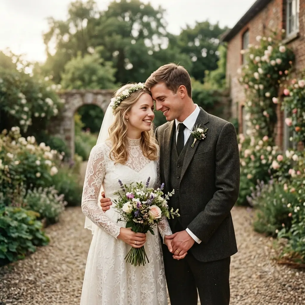 A nostalgic vintage film wedding photo of a couple with warm faded color and grain
