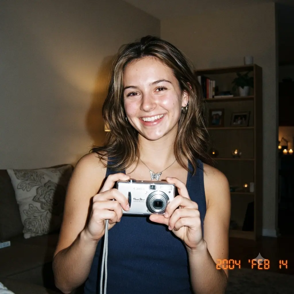 Grainy early-2000s digicam flash selfie with a harsh flash and date stamp