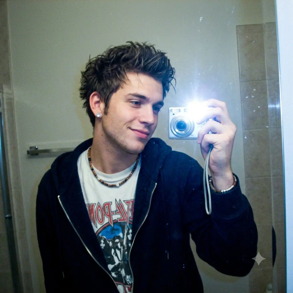 Y2K MySpace-style mirror selfie with a bright camera flash and a grainy 2000s look
