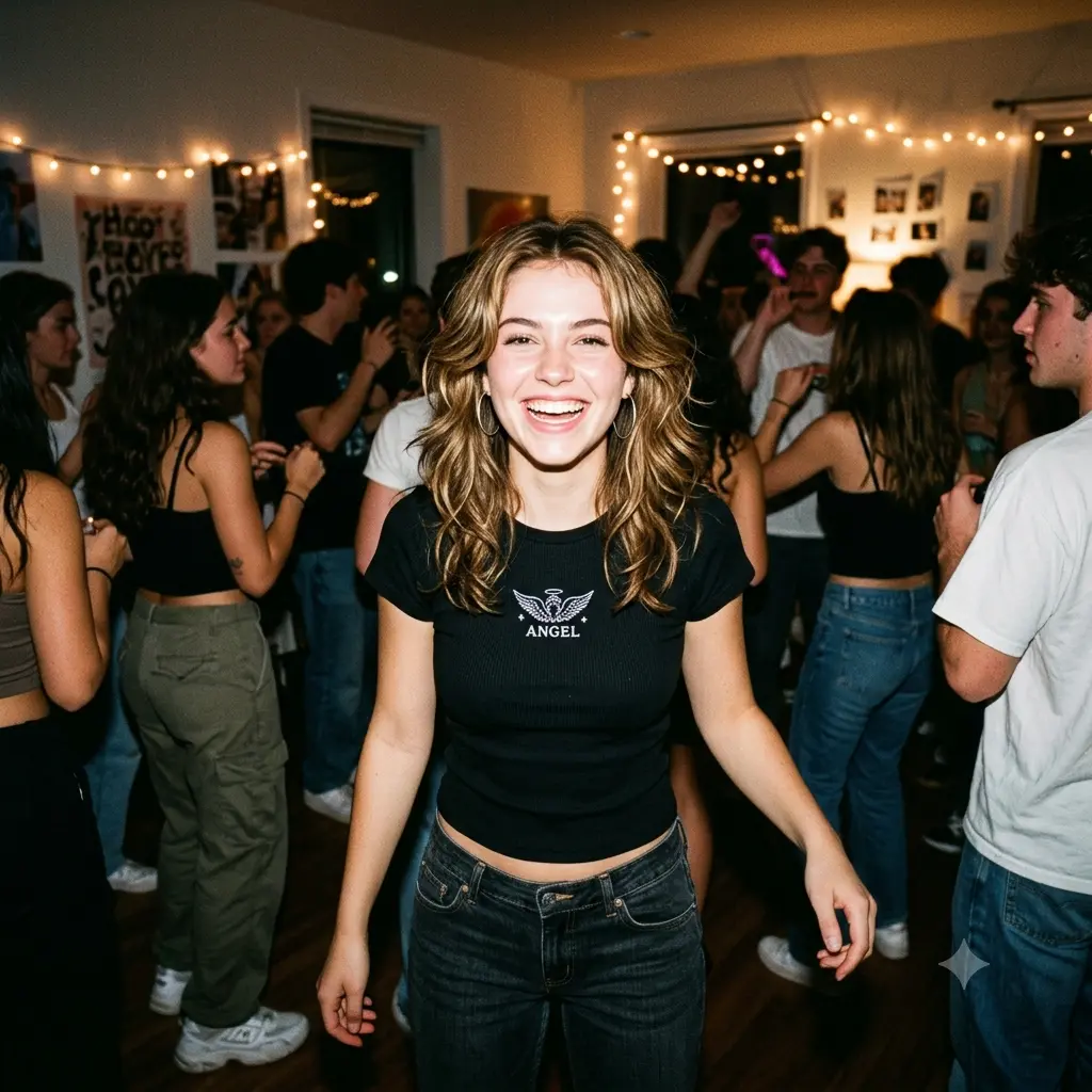 Candid early-2000s party photo with a harsh flash and slight motion blur