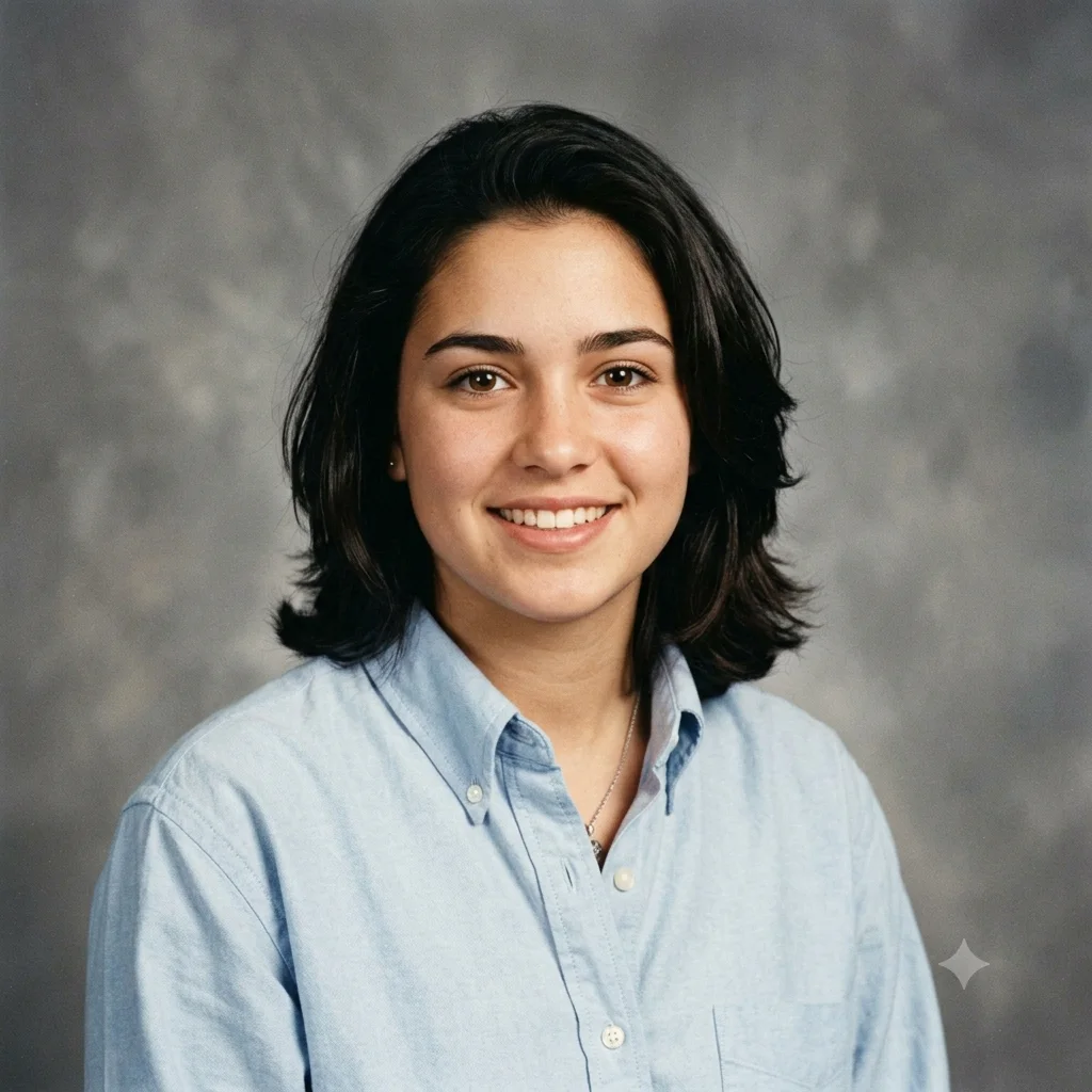 Classic school picture-day yearbook portrait on a plain mottled grey backdrop