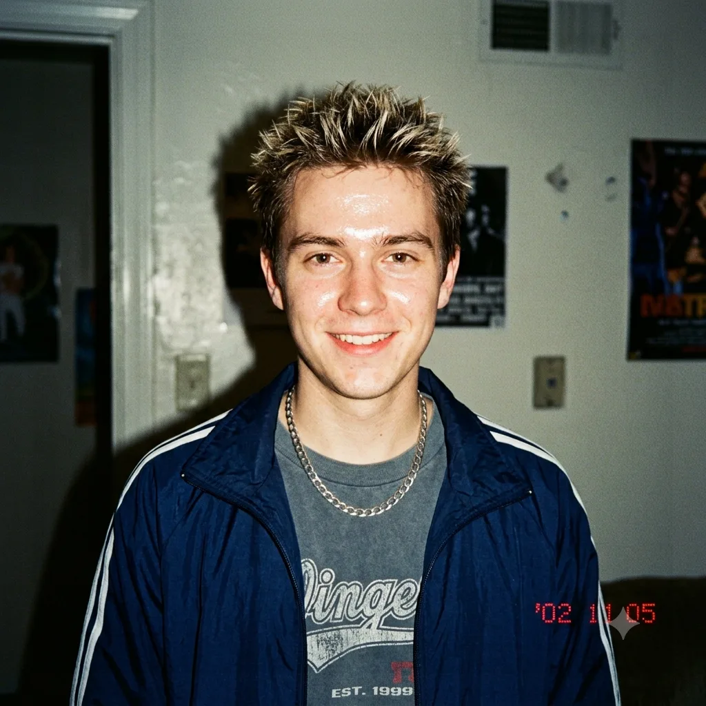 Early-2000s Y2K digital camera yearbook portrait with hard flash