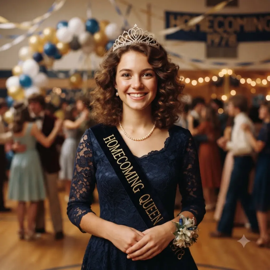 Retro homecoming court yearbook portrait with a sash and crown