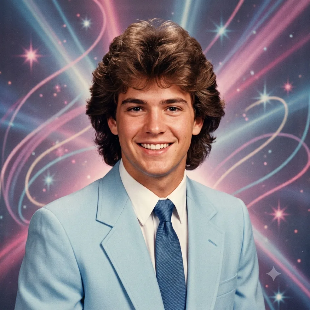 1980s prom yearbook portrait with big hair and a laser-and-stars backdrop