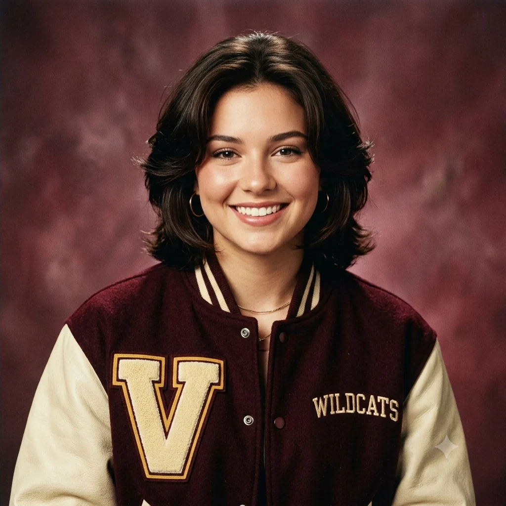Retro varsity yearbook portrait of a person in a classic letterman jacket