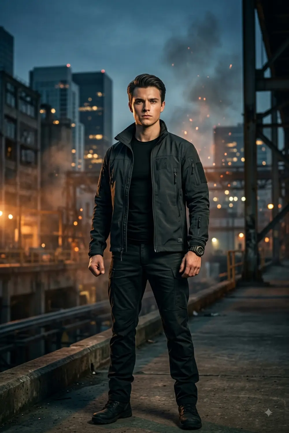 A cinematic action movie hero portrait of a young man in a dramatic scene