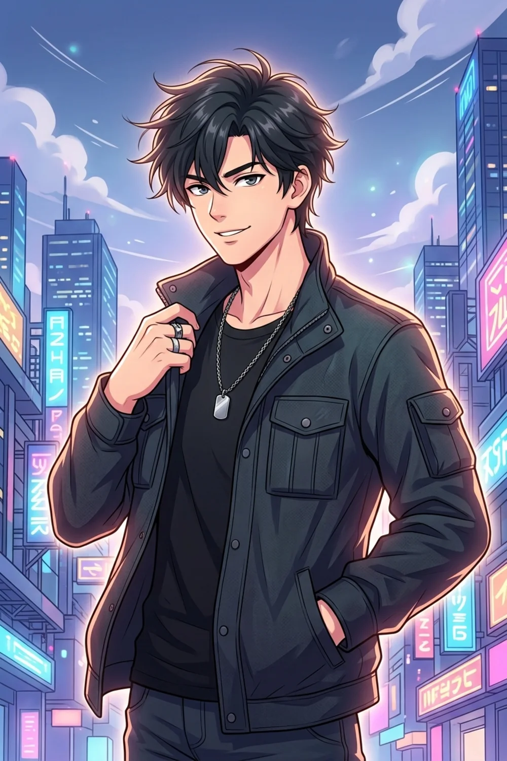 A vibrant waist-up anime-style illustration of a young man in a dynamic pose