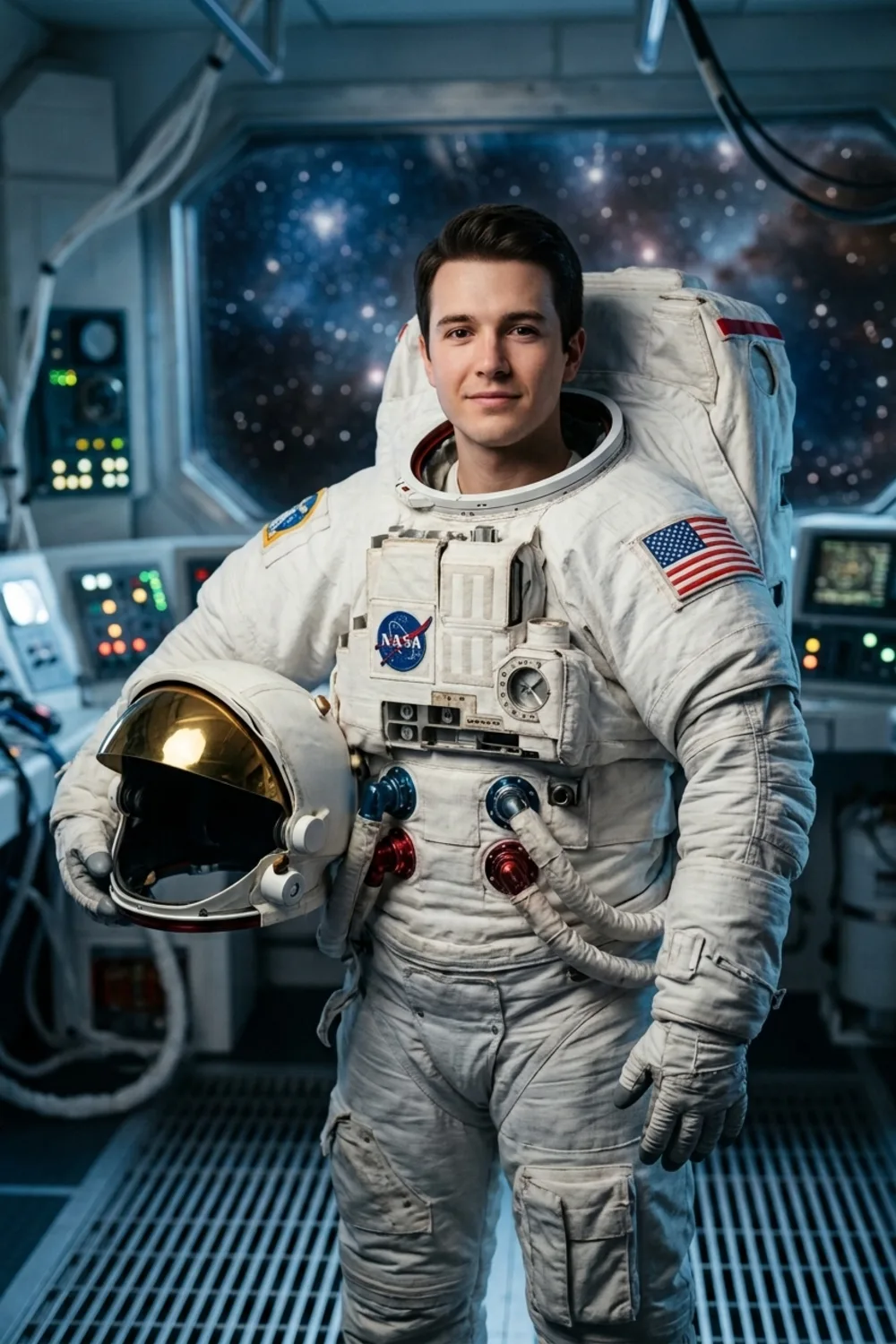 An adventurous astronaut portrait of a young man in a detailed white suit