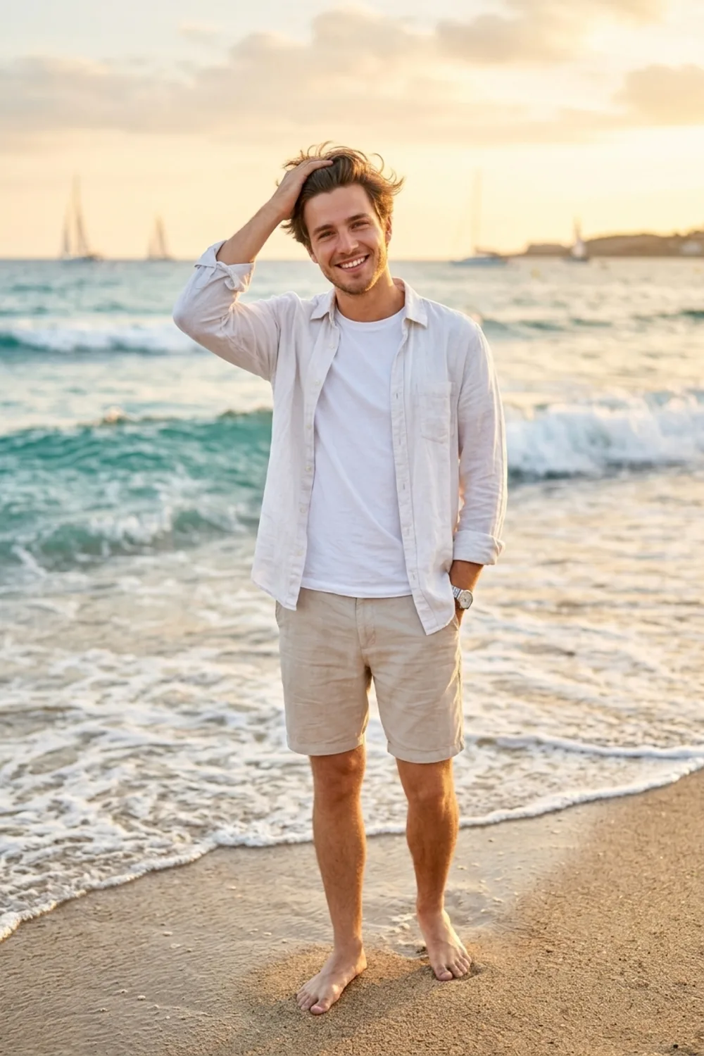 A fresh summer beach portrait of a young man in a linen shirt by the sea