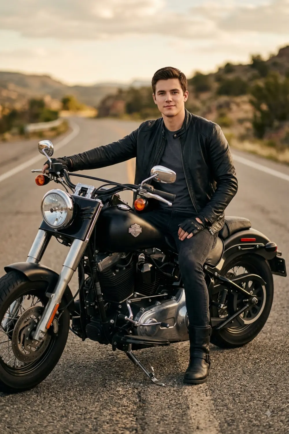 A rugged full-length biker portrait of a young man beside a classic motorcycle