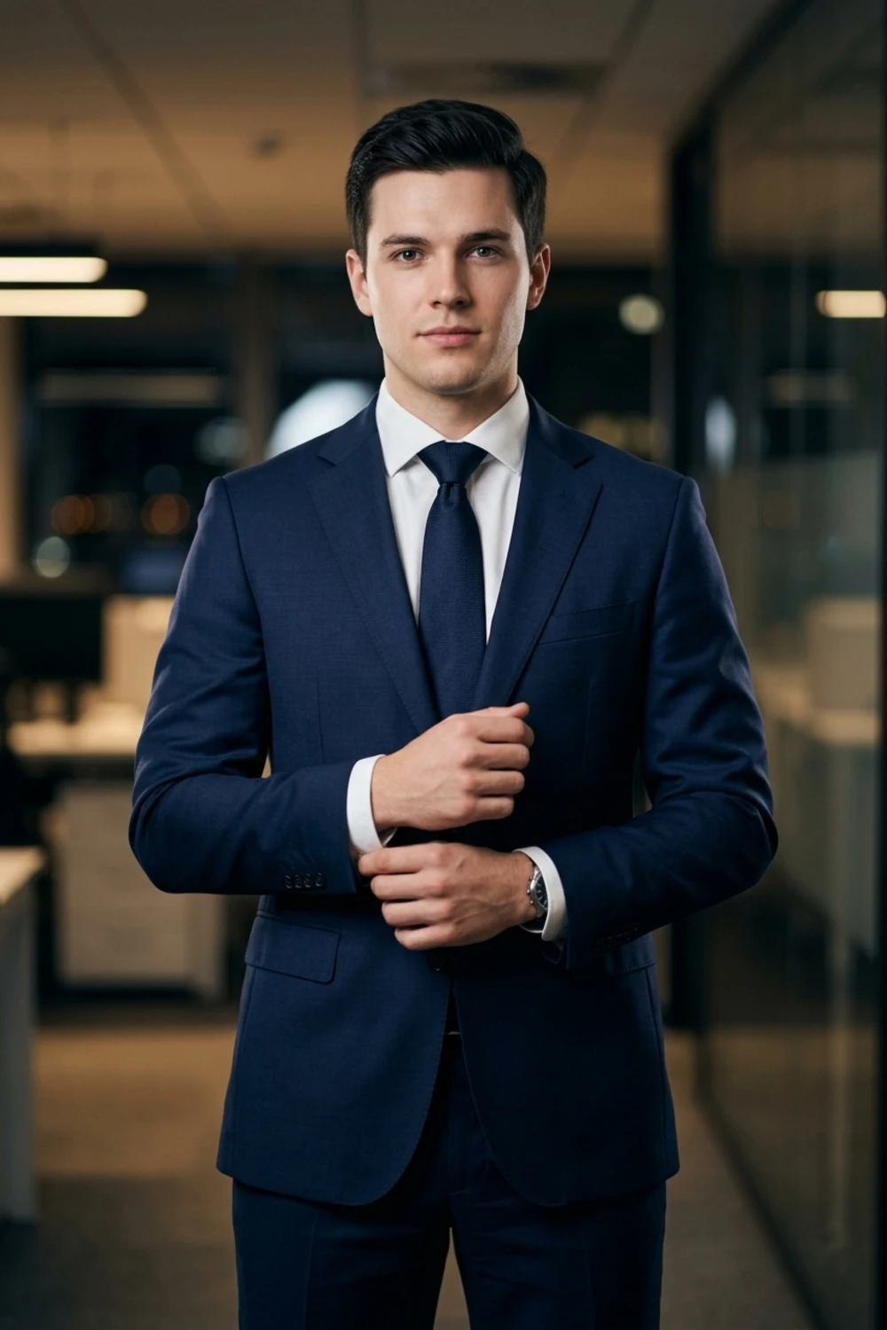 A powerful boss half-body portrait of a man in a sharp tailored suit